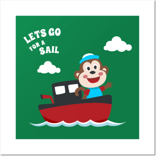 Cute monkey the animal sailor on the boat with cartoon style. Posters and Art